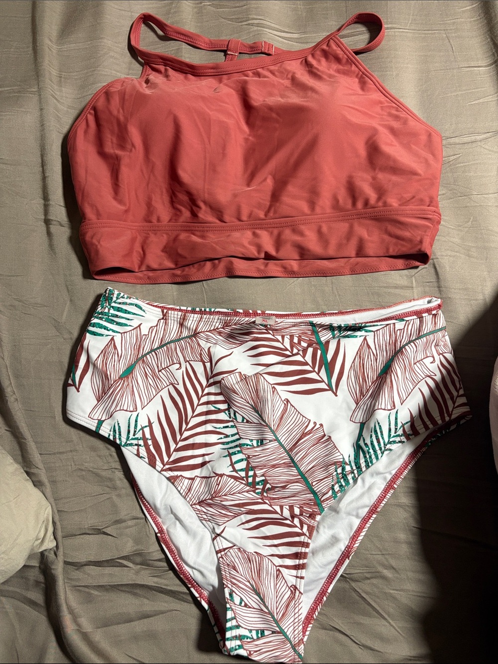 High-Waist Two-Piece Swimsuit Set - Rose Top & Botanical Print Bottom